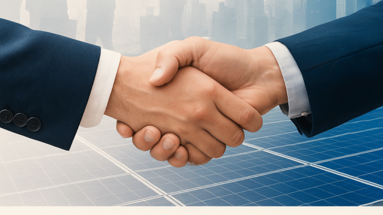 Promotional banner for Unisun Power Solutions showing a firm handshake over a solar panel background, symbolizing partnership. The design features silhouettes of business professionals and a cityscape overlay, with bold text reading “Be a Part of a Profitable Solar Business – Become Our Solar Franchise Partner.” Contact details and key benefits such as low investment, high ROI, and a profitable franchise model are highlighted at the bottom.