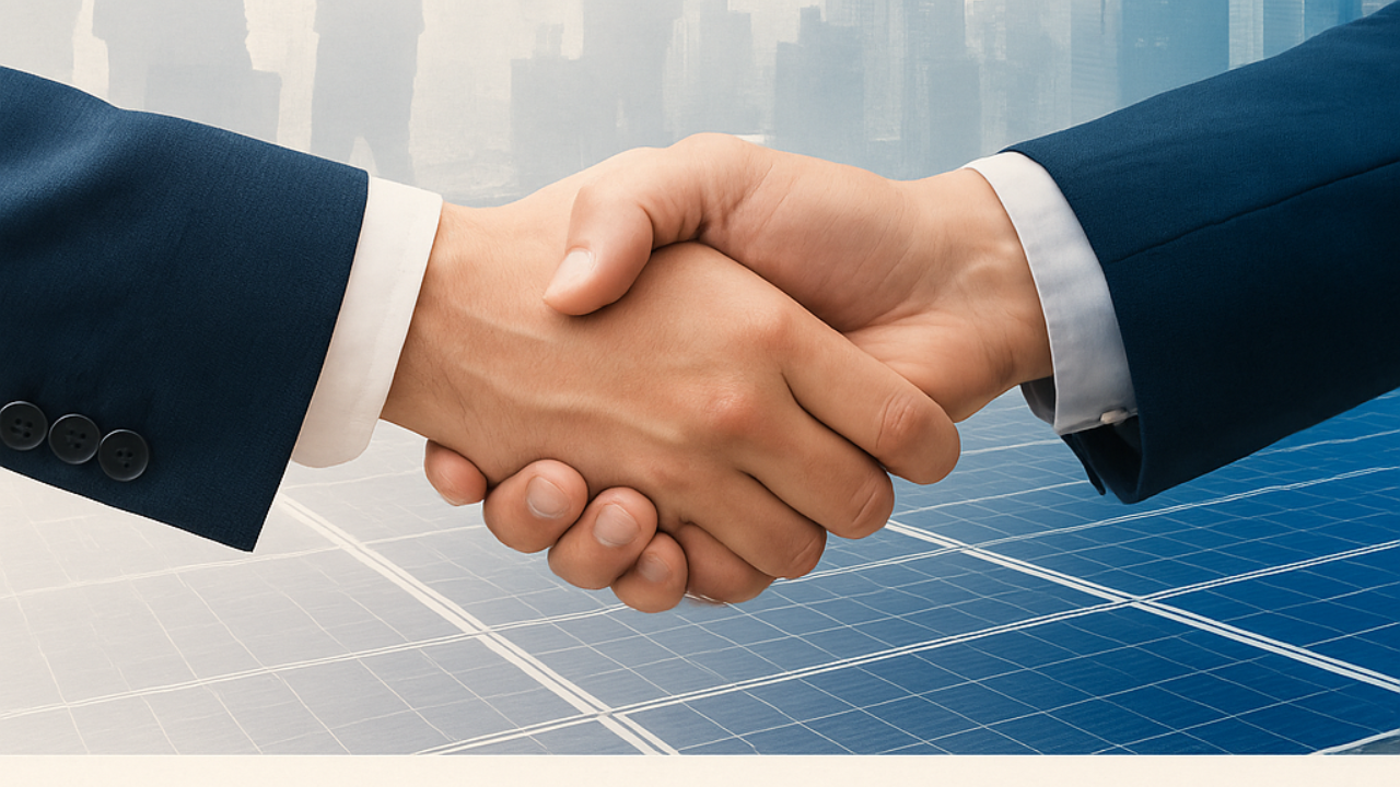 Promotional banner for Unisun Power Solutions showing a firm handshake over a solar panel background, symbolizing partnership. The design features silhouettes of business professionals and a cityscape overlay, with bold text reading “Be a Part of a Profitable Solar Business – Become Our Solar Franchise Partner.” Contact details and key benefits such as low investment, high ROI, and a profitable franchise model are highlighted at the bottom.